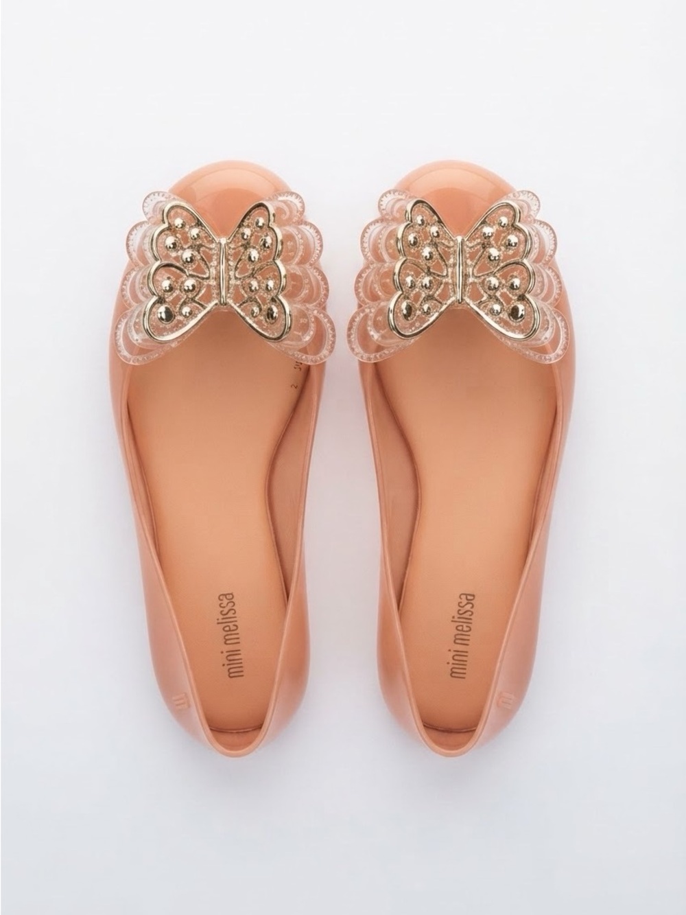 Mini Melissa Jelly Flats Shoes Pink Peach Gold Butterfly Bow Youth Size 3